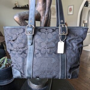 Coach Black and Silver Shoulder Bag with Signature Pattern